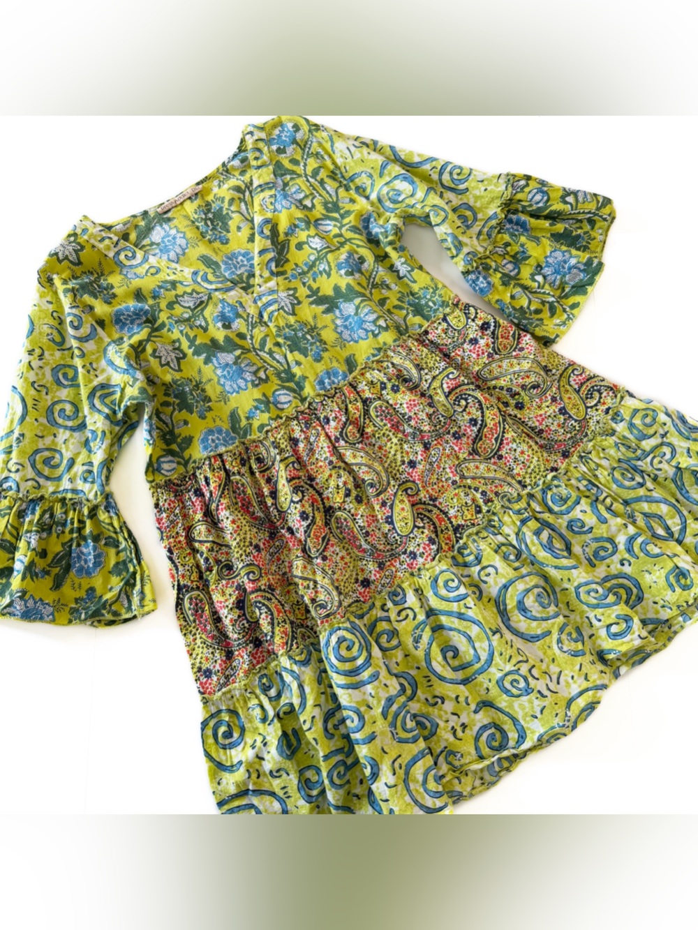 Dress Addict Dress Womens XL Boho Indian Cotton Green Floral Mini Ruffled